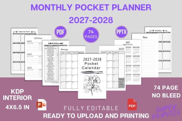 2027–2028 Pocket Planner Printable KDP